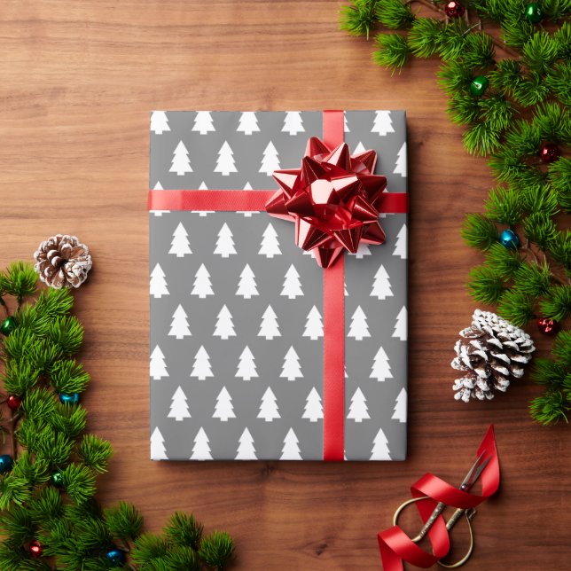 Festive Dark Grey White Christmas Tree pattern Wrapping Paper (Holiday Gift)