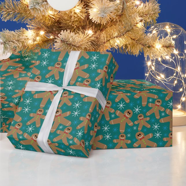 Festive Dark Teal Gingerbread Man Christmas Wrapping Paper (Holidays)