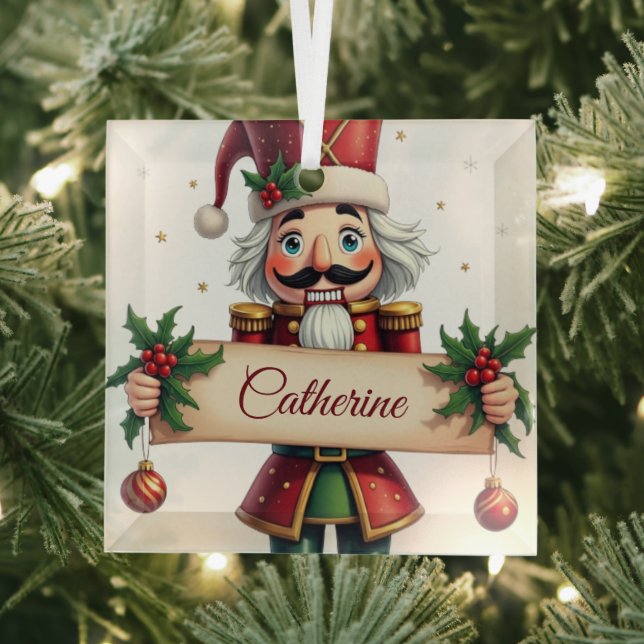 Festive Decor Personalized Nutcracker Christmas Glass Ornament (Insitu)