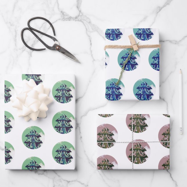 Festive Decorated Christmas Tree Pattern Wrapping Paper Sheet (Front)