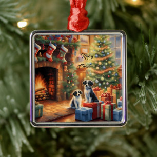 Festive decorated room, fireplace, dogs, vintage metal ornament