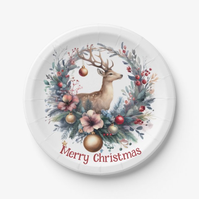 Festive Deer in a Holiday Wreath 1 -  Paper Plate (Front)