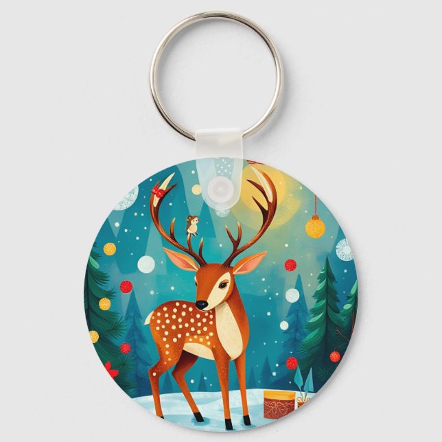Festive Deer in a Snowy Forest Keychain (Front)