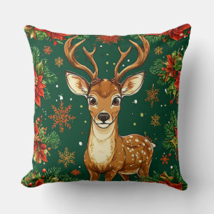 Festive Deer Painting with Christmas Elements Throw Pillow