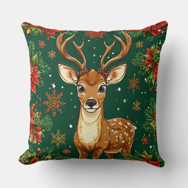 Festive Deer Painting with Christmas Elements Throw Pillow (Front)