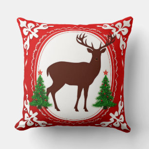 Festive Deer Silhouette with Christmas Trees Throw Pillow