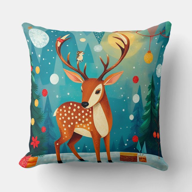 🎄 Festive Deer Winter Glow ❄️ Snowy Forest Holida Throw Pillow (Front)