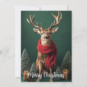 Festive Deer with Red Scarf Christmas Art Holiday Card