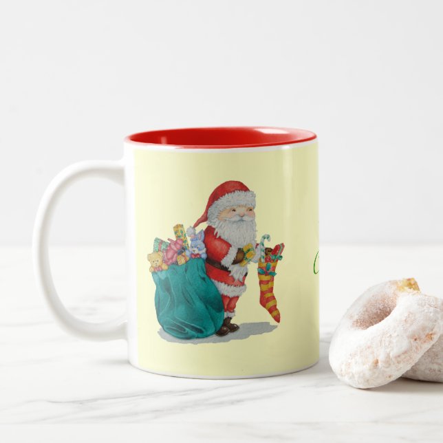 festive design of santa and pressies for christmas Two-Tone coffee mug (With Donut)
