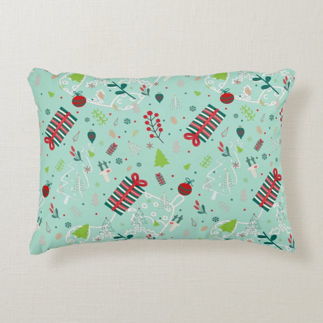 Festive Design with Trees, Reindeer & Snowflakes Accent Pillow (Front)