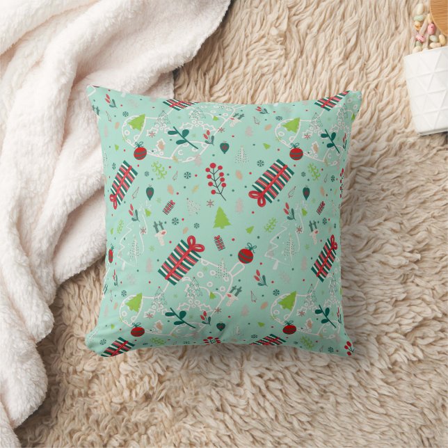 Festive Design with Trees, Reindeer & Snowflakes Throw Pillow (Blanket)