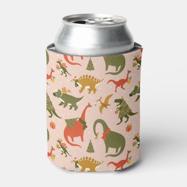 Festive Dinosaur Christmas Tree Holiday Pattern Can Cooler (Can Front)