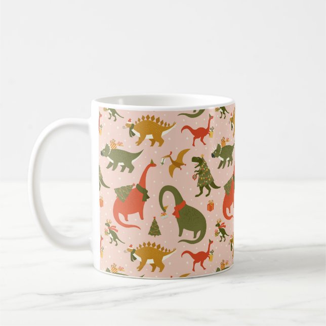 Festive Dinosaur Christmas Tree Holiday Pattern Coffee Mug (Left)