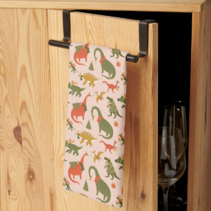 Festive Dinosaur Christmas Tree Holiday Pattern Kitchen Towel