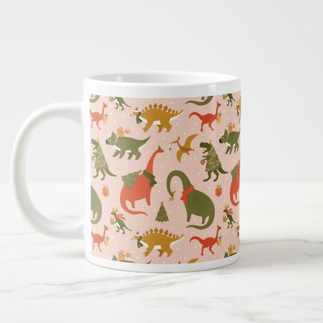Festive Dinosaur Christmas Tree Holiday Pattern Large Coffee Mug (Left)