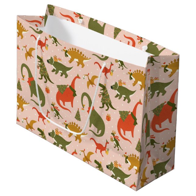 Festive Dinosaur Christmas Tree Holiday Pattern Large Gift Bag (Front Angled)