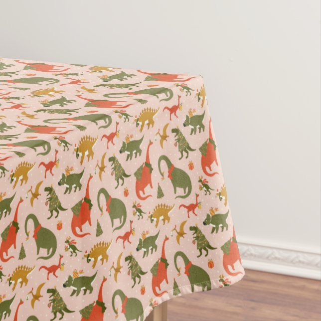 Festive Dinosaur Christmas Tree Holiday Pattern Tablecloth (In Situ)