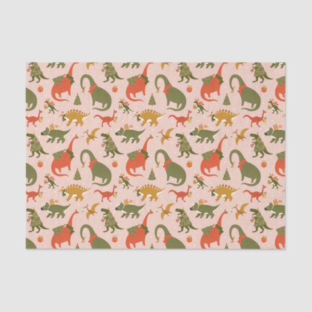 Festive Dinosaur Christmas Tree Holiday Pattern Tissue Paper (Front)