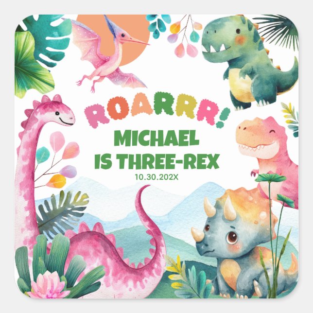 Festive Dinosaur Dig Prehistoric Kids 3rd Birthday Square Sticker (Front)