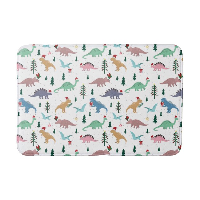Festive Dinosaurs Christmas Pattern Bath Mat (Front)