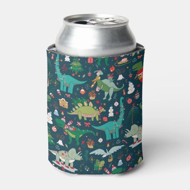 Festive Dinosaurs Christmas Pattern Can Cooler (Can Front)