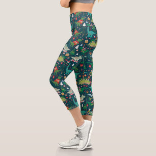 Festive Dinosaurs Christmas Pattern Capri Leggings