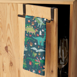 Festive Dinosaurs Christmas Pattern Kitchen Towel