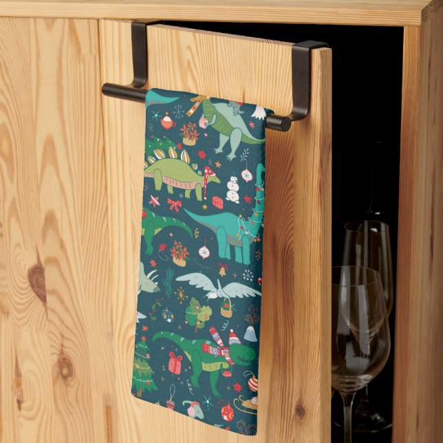 Festive Dinosaurs Christmas Pattern Kitchen Towel (Thirds Fold)