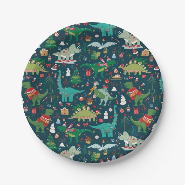 Festive Dinosaurs Christmas Pattern Paper Plate (Front)