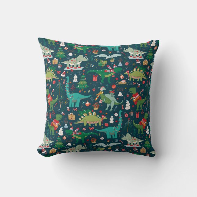 Festive Dinosaurs Christmas Pattern Throw Pillow (Front)
