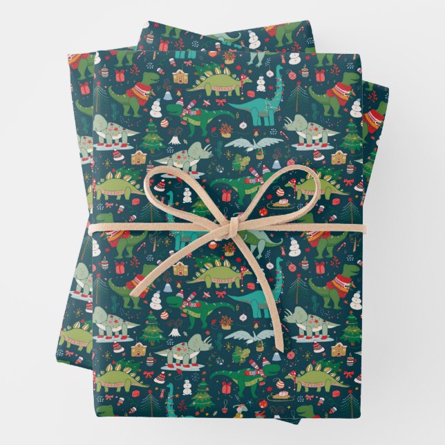 Festive Dinosaurs Christmas Pattern Wrapping Paper Sheet (In situ)