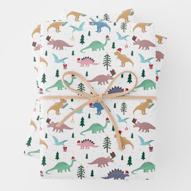 Festive Dinosaurs Christmas Pattern Wrapping Paper Sheet (In situ)
