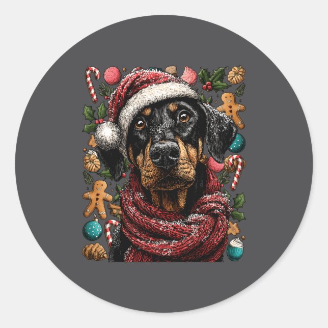 Festive Doberman With Santa Hat Snowy Winter Chris Classic Round Sticker (Front)