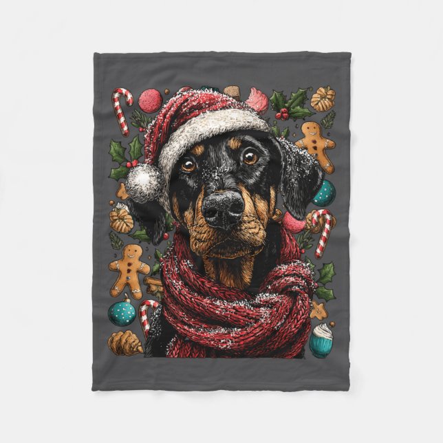 Festive Doberman With Santa Hat Snowy Winter Chris Fleece Blanket (Front)