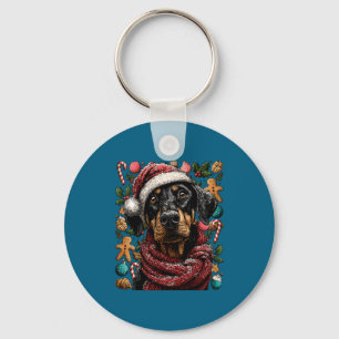 Festive Doberman With Santa Hat Snowy Winter Chris Keychain