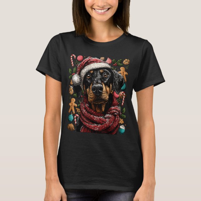 Festive Doberman With Santa Hat Snowy Winter Chris T-Shirt (Front)