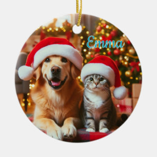 Festive Dog and Cat Christmas Ceramic Ornament