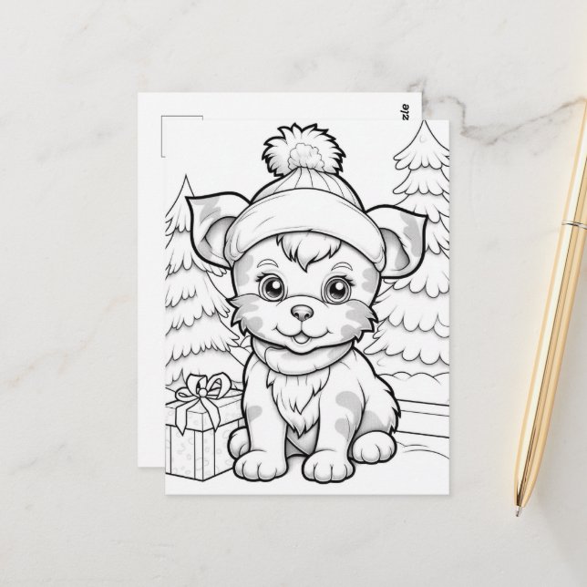 Festive dog kids colouring  postcard (Front/Back In Situ)