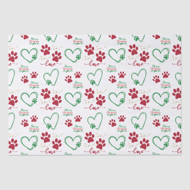 Festive DOG PAW PRINTS and LOVE HEARTS Christmas Tissue Paper (Front)