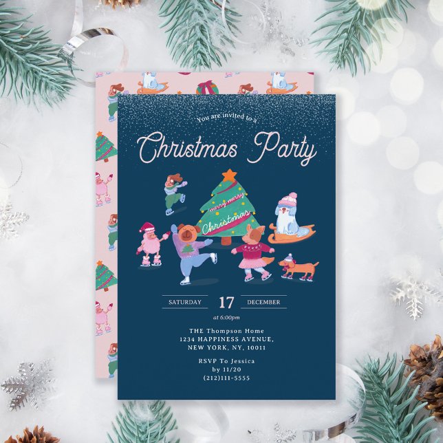 Festive Dogs Ice Skating Navy Blue Christmas Party Invitation (Creator Uploaded)