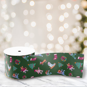 Festive Dogs Ice Skating Pattern Christmas Green Grosgrain Ribbon