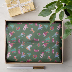Festive Dogs Ice Skating Pattern Christmas Green Tissue Paper