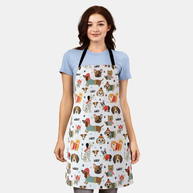 Festive Dogs in Holiday Sweaters Pattern Apron (Worn)