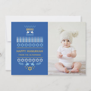 Festive Dreidel Icons Hanukkah Holiday Blue Gold Card