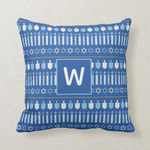 Festive Dreidel Icons Hanukkah Holiday Blue Gold Throw Pillow
