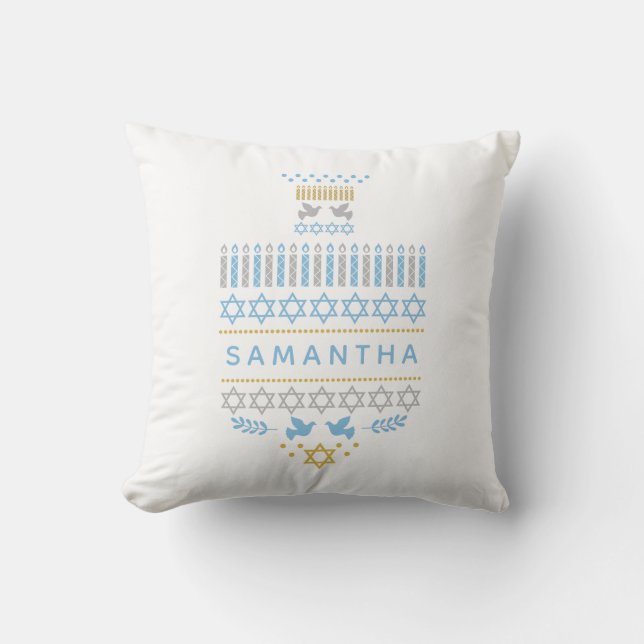 Festive Dreidel Icons Hanukkah Holiday White Gold Throw Pillow (Front)