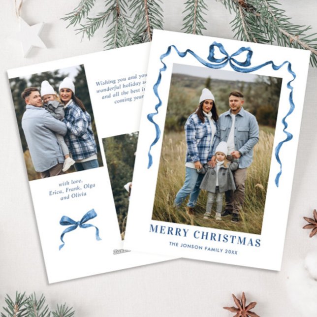 Festive Dusty Blue Christmas Bow Ribbon 3 Photo Holiday Card (Creator Uploaded)