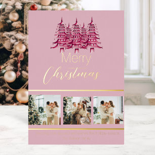 Festive Dusty pink red Christmas Pagoda Tree  Foil Holiday Card