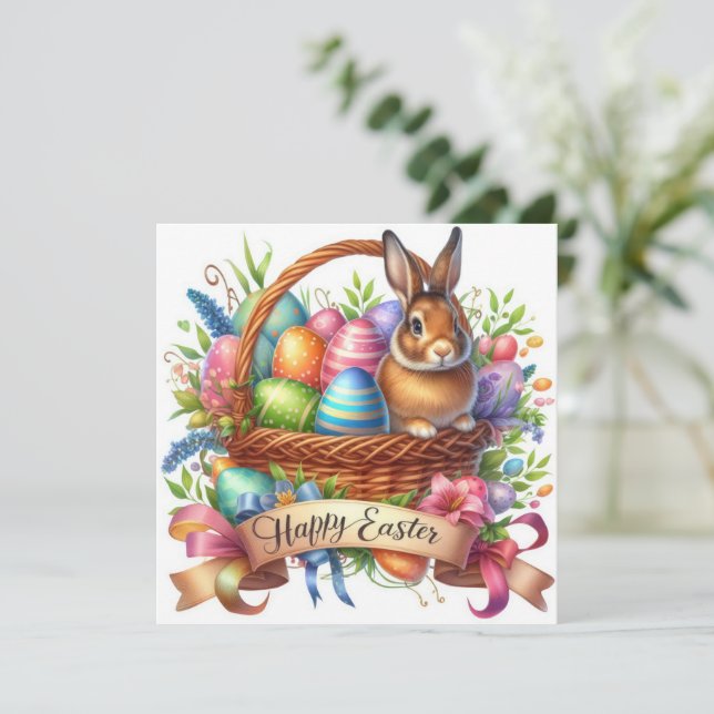 Festive Easter Basket Bunny Illustration  Holiday Card (Standing Front)