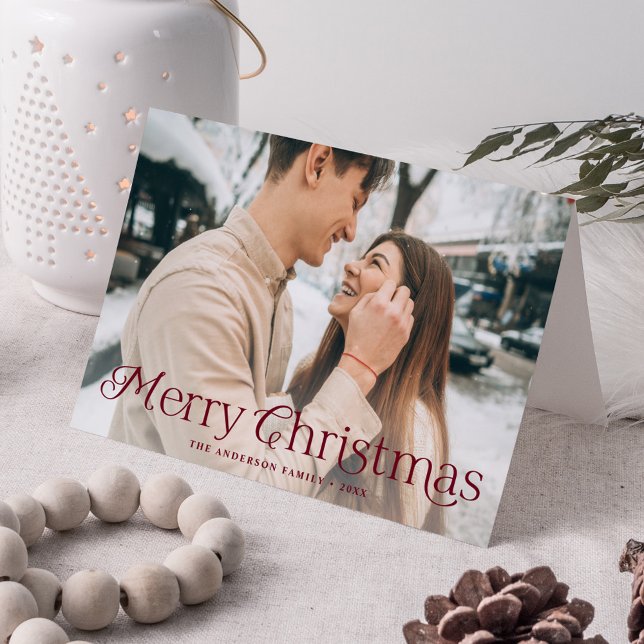 Festive Elegance Burgundy Merry Christmas Photo Holiday Card (Creator Uploaded)